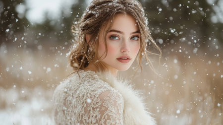 Beauty in winter wonderland with delicate snowfall and elegant attire during a serene afternoon Generative AIの素材