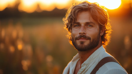 Portrait of a young man with wavy hair enjoying a golden sunset in a serene field setting surrounded by nature Generative AIの素材
