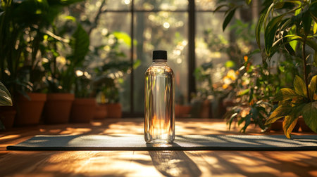 Water bottle placed on a yoga mat surrounded by lush green plants in a sunlit indoor garden during late afternoon. Generative AIの素材