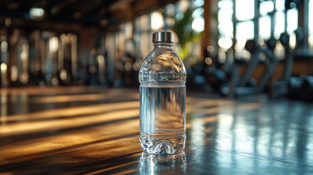 Refreshing water bottle on wooden floor in gym with natural light during workout session. Generative AIの素材