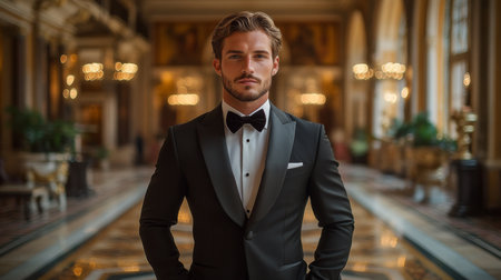 Elegantly dressed man posing confidently in a luxurious hotel lobby during the evening event Generative AIの素材