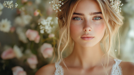 Beautiful young woman with flowers in her hair and striking blue eyes in a soft, dreamy setting surrounded by blossoms Generative AIの素材