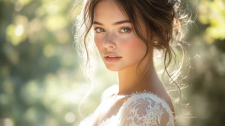 Bride in natural light with soft focus and floral background capturing serene beauty during outdoor ceremony Generative AIの素材