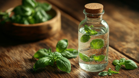 Fresh basil leaves infused in water displayed in a glass bottle with a cork on a rustic wooden table. Generative AIの素材