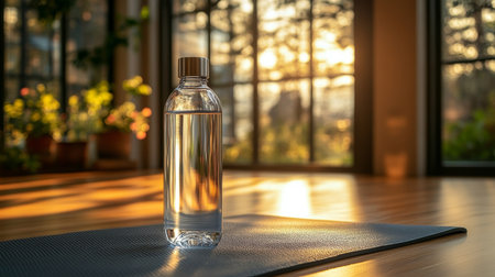Water bottle placed on exercise mat in serene room with sunlight streaming through large windows during evening. Generative AIの素材