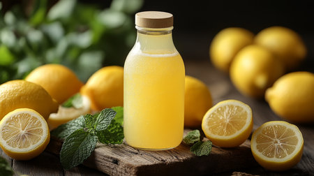 Refreshing lemon beverage in a glass bottle surrounded by fresh lemons and mint leaves on a wooden surface. Generative AIの素材