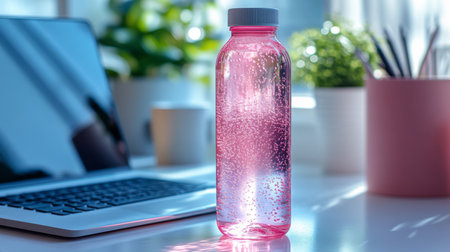 Clear sparkling water in a pink bottle placed beside a laptop on a sunny work desk. Generative AIの素材