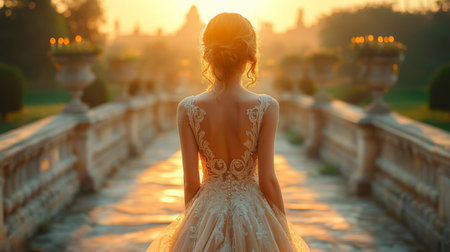 Elegant bride walks down a romantic path in a beautiful garden during sunset with soft golden light enhancing the atmosphere Generative AIの素材