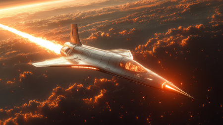 Innovative Hypersonic Spaceplane Performing a Launch During Dusk With Bright Propulsion Flames Igniting Against a Dramatic Backdrop Generative AIの素材