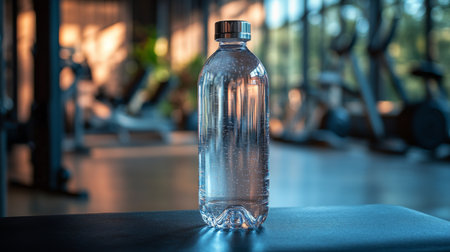 Clear plastic water bottle resting on gym bench with blurred fitness equipment in the background during late afternoon. Generative AIの素材