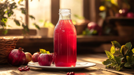 Freshly squeezed pomegranate juice in a glass bottle with apples in a cozy kitchen setting during the afternoon. Generative AIの素材