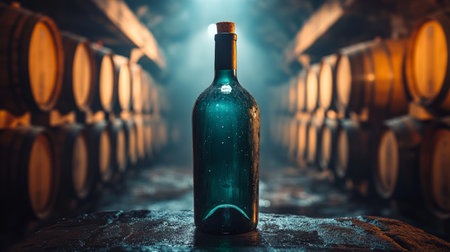 Unique blue wine bottle with cork displayed among wooden barrels in a dimly lit cellar setting. Generative AIの素材