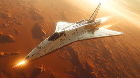 Innovative Spaceplane Performs Hypersonic Flight Over a Martian Landscape During a Groundbreaking Space Exploration Mission Generative AIの素材