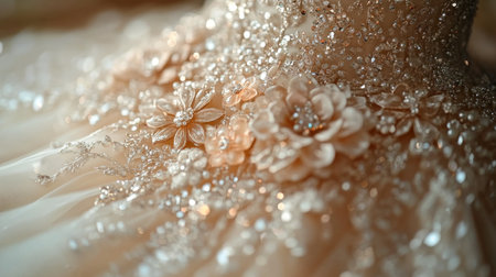 Intricate details of a delicate gown with floral embellishments captured under soft lighting Generative AIの素材