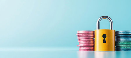 Protecting personal finances with secure banking lock and coins arrangement. Generative AIの素材