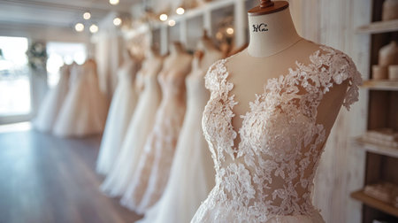 Elegant bridal gowns displayed in a boutique with natural light streaming through windows Generative AIの素材