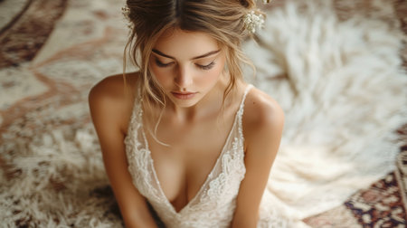 Bride in a delicate wedding dress sits gracefully on a plush rug in a serene and intimate setting Generative AIの素材