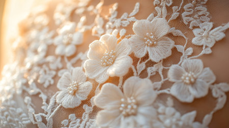 Detailed close-up of delicate floral lace embroidery on a wedding dress showcasing expert craftsmanship and elegance Generative AIの素材