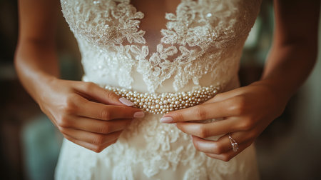 Intricate bridal gown details with pearl accents captured in soft natural light during preparation for a wedding ceremony Generative AIの素材