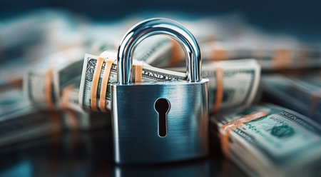 Secure lock guarding stacks of cash symbolizes privacy in banking transactions. Generative AIの素材