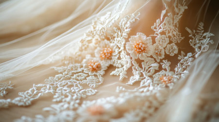 Elegant floral embroidery on delicate fabric showcasing intricate design for a wedding dress or special occasion attire Generative AIの素材