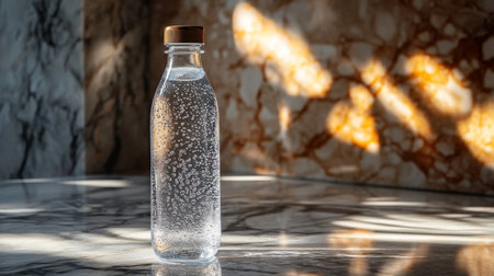 Clear sparkling water bottle on a marble surface with reflections and shadows during daylight hours. Generative AIの素材