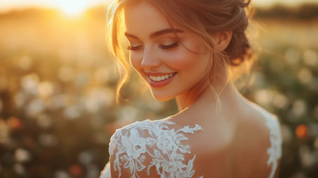 Bridal portrait in a sunlit field with delicate floral backdrop and soft golden hour glow Generative AIの素材