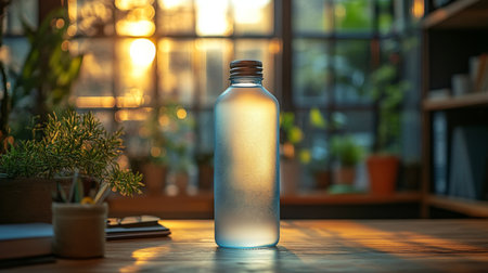 Glass water bottle sits on a wooden table reflecting sunlight in a cozy indoor setting surrounded by plants. Generative AIの素材