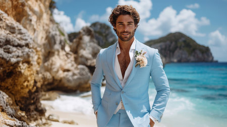 Stylish man in light blue suit poses on a tropical beach against stunning ocean backdrop with mountains in the distance Generative AIの素材
