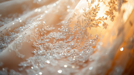 Close-up view of intricate lace embroidery with shimmering details on elegant fabric at a wedding celebration setting Generative AIの素材