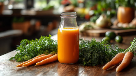 Freshly pressed carrot juice surrounded by fresh carrots and ingredients on a rustic wooden table in a bright kitchen. Generative AIの素材