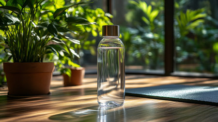 Refreshing water bottle on wooden floor beside potted plants and yoga mat in bright indoor space during morning light. Generative AIの素材