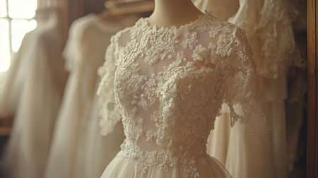 Intricate lace wedding dress displayed in a cozy boutique during late afternoon light Generative AIの素材