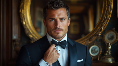 Captivating portrait of a well-dressed man adjusting his bow tie in an elegant setting with vintage decor Generative AIの素材