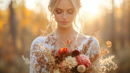Beautiful bride holding a colorful bouquet in a sunlit forest during autumn Generative AIの素材