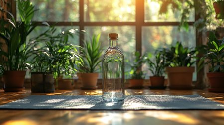 Glass water bottle placed on a blue mat surrounded by lush green plants in a sunlit indoor space. Generative AIの素材
