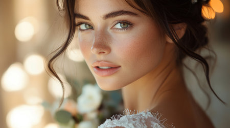 Elegant bride with natural beauty poses softly in warm light while holding a bouquet at a romantic venue Generative AIの素材
