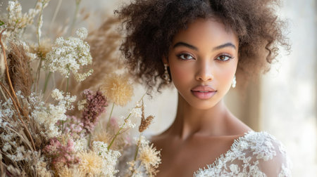 Beauty and elegance of a woman adorned with dried flowers in a soft natural light setting Generative AIの素材