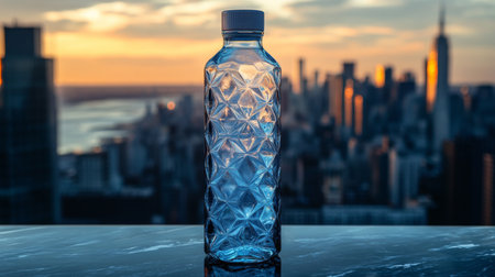 Tall geometric water bottle stands on a table against a stunning city skyline during sunset. Generative AIの素材