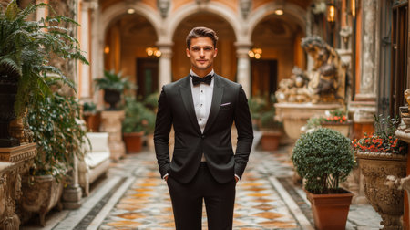 Elegant man in tuxedo stands confidently in a luxurious courtyard surrounded by lush greenery and classical architecture Generative AIの素材