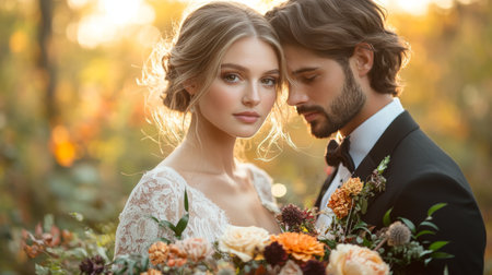 Romantic outdoor wedding ceremony with a couple surrounded by autumn foliage and colorful flowers at golden hour Generative AIの素材