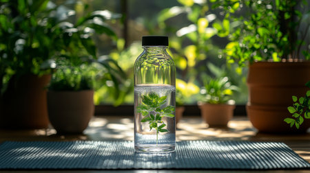 Water bottle with mint leaves placed on a mat among green plants in a sunlit indoor garden. Generative AIの素材