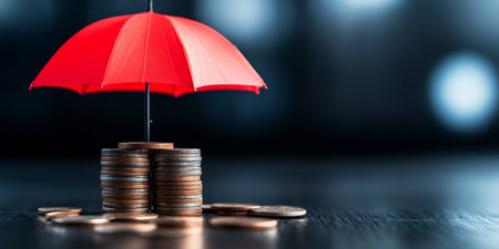 Protecting savings with a safe umbrella over stacked coins for privacy. Generative AIの素材