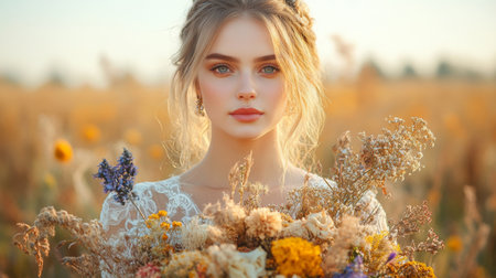 Captivating young woman holds a bouquet of wildflowers in a golden field during sunset Generative AIの素材