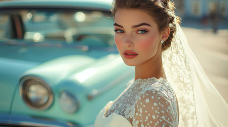 Beautiful bride poses elegantly beside classic vintage car in soft sunlight at outdoor wedding location Generative AIの素材