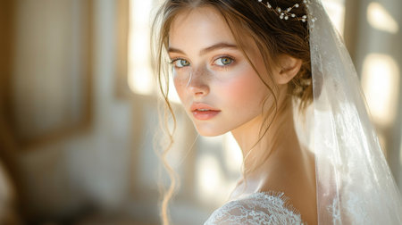 Beautiful bride in a lace wedding dress with soft lighting and elegant hairstyle in a tranquil indoor setting Generative AIの素材