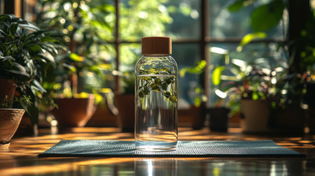 Refreshing glass water bottle with green plant and sunlight in a cozy indoor garden setting. Generative AIの素材