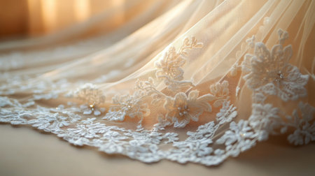 Delicate lace trim on elegant fabric capturing natural light in a serene indoor space during daytime Generative AIの素材