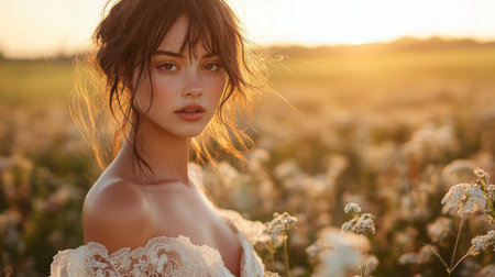 Woman in a floral field during sunset, showcasing natures beauty and soft lighting in a serene atmosphere Generative AIの素材