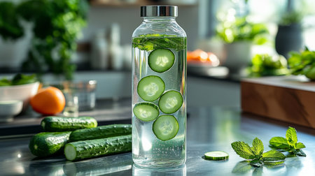 Refreshing cucumber and mint water infused in a glass bottle placed on a kitchen counter surrounded by fresh ingredients. Generative AIの素材